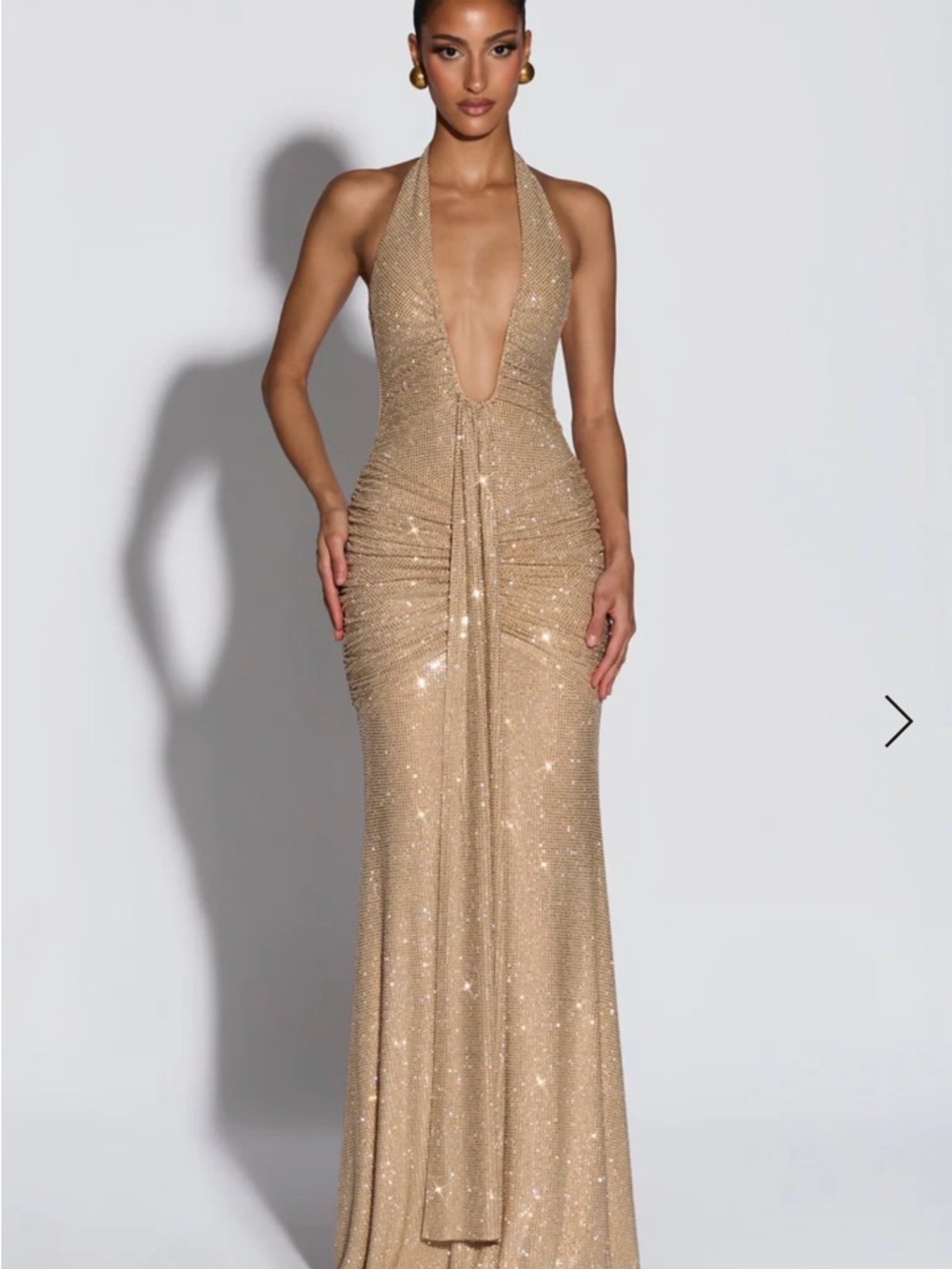 Plunging Halter Sequin Maxi Dress in Gold